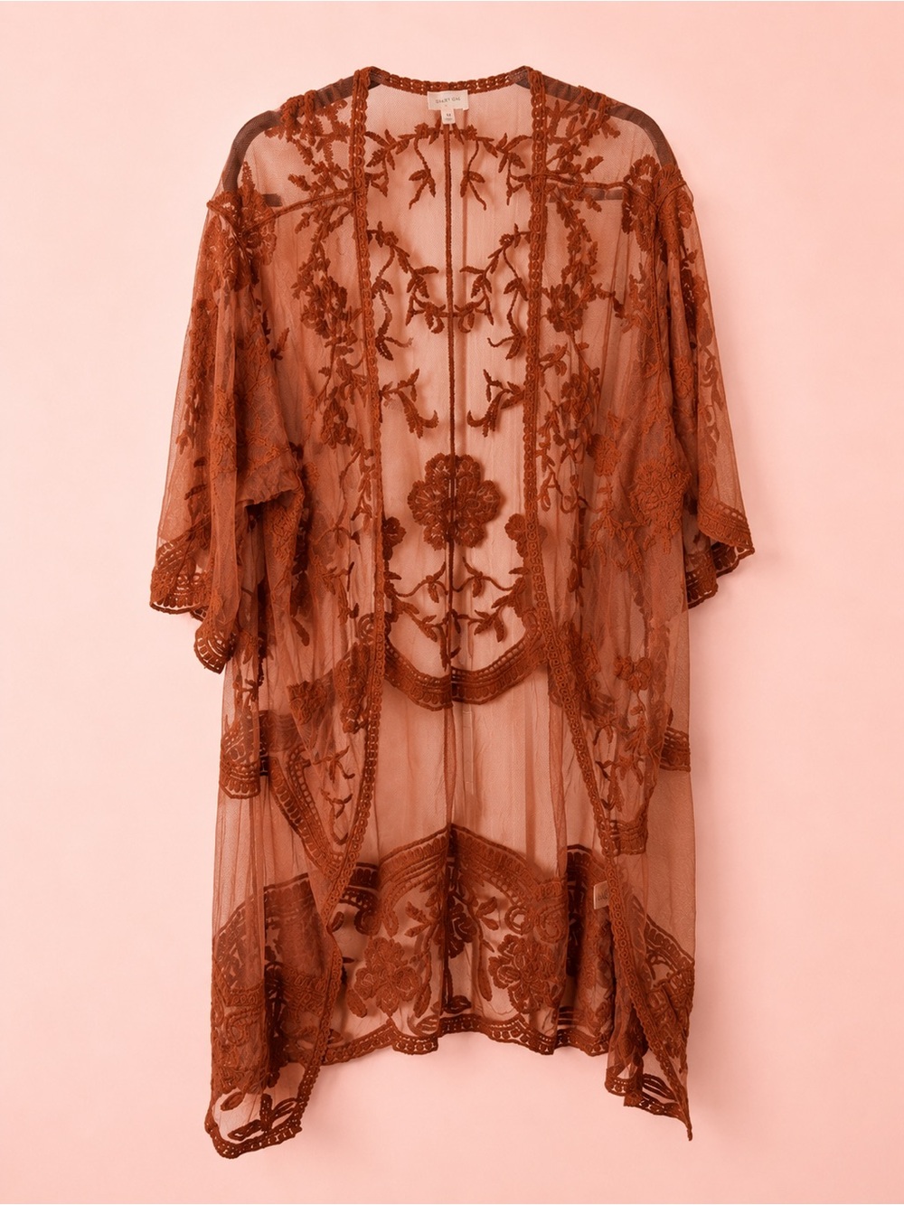 🧡 Dizzy Gal Rust Embroidered Lace Sheer Boho Kimono Size M